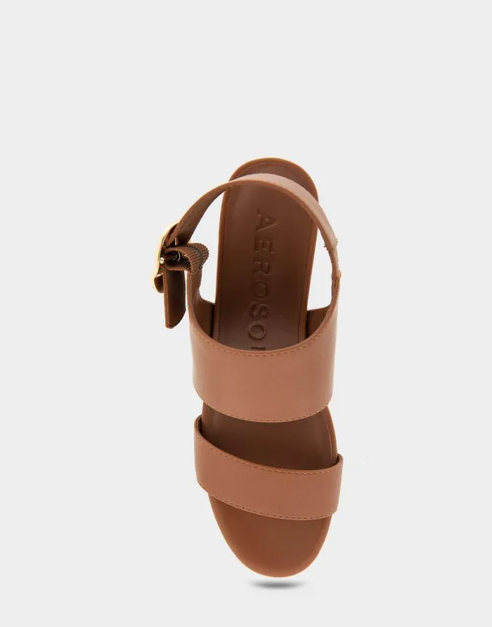 Aerosoles Comfortable Women039s Buckle Back Mid Wedge Sandal In Tan Faux Leather Tan Faux Leather Women Dress