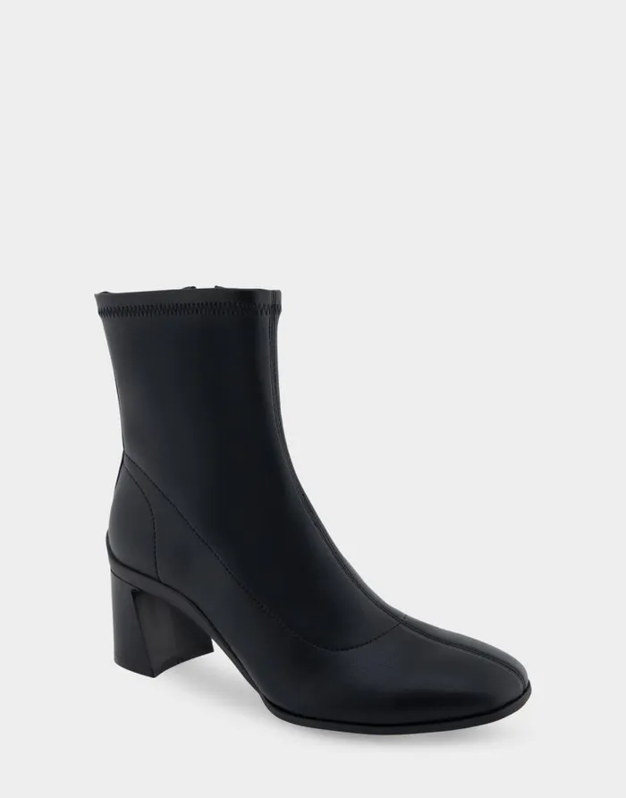 Aerosoles Comfortable Women039s Heeled Ankle Boot In Black Stretch Faux Leather Black Stretch Faux Leather Women Wide Width Boots