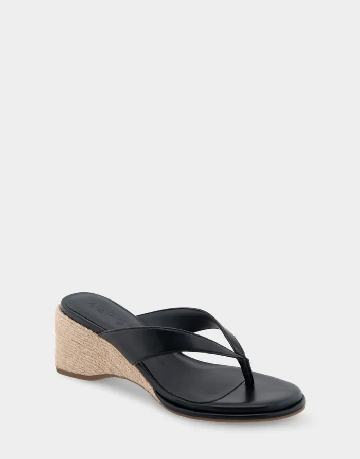 Aerosoles Comfortable Women039s Wedge Thong Sandal In Black Faux Leather Black Faux Leather Women Wedges