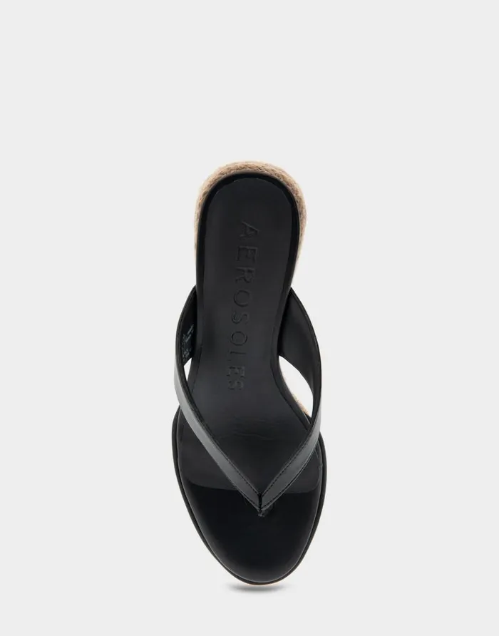 Aerosoles Comfortable Women039s Wedge Thong Sandal In Black Faux Leather Black Faux Leather Women Wedges