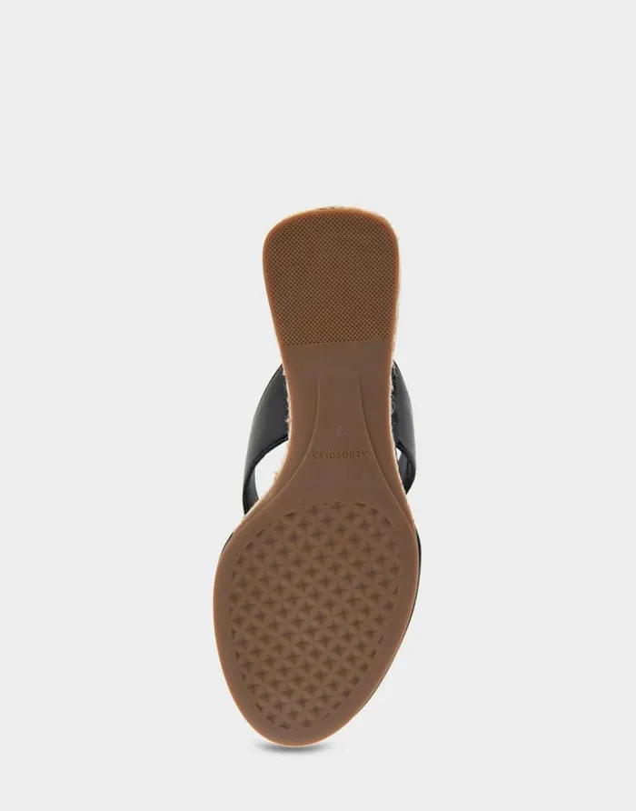 Aerosoles Comfortable Women039s Wedge Thong Sandal In Black Faux Leather Black Faux Leather Women Wedges
