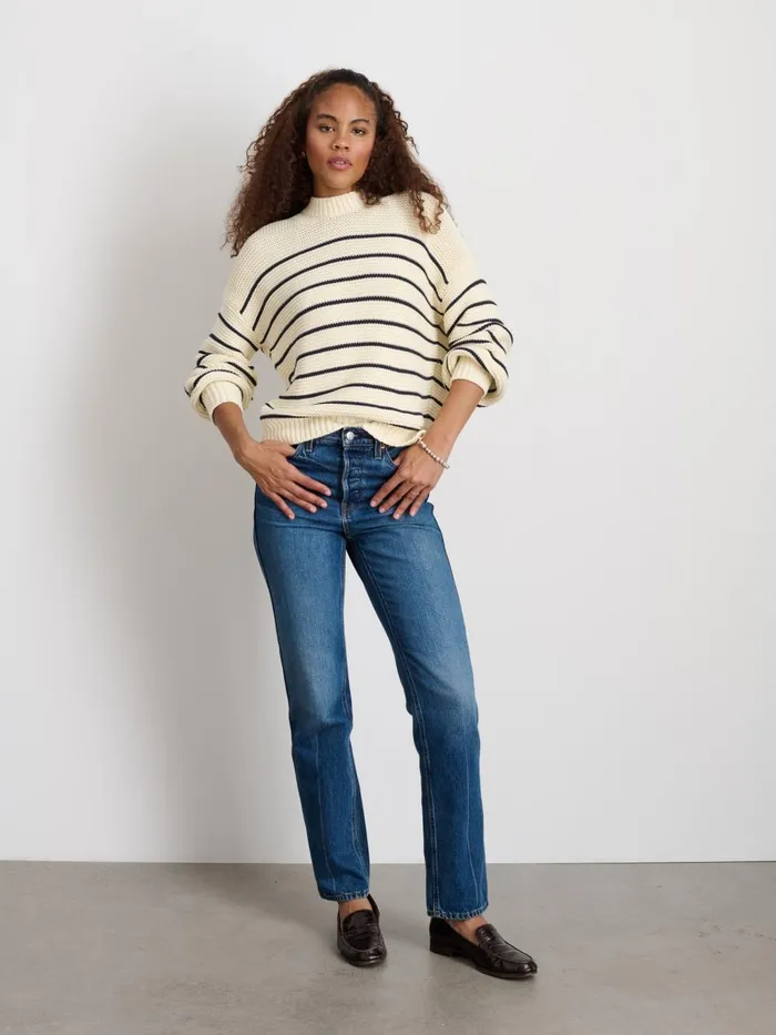 Alex Mill Sweaters Women ButtonBack Crewneck Sweater In Stripe Ivorydark Navy