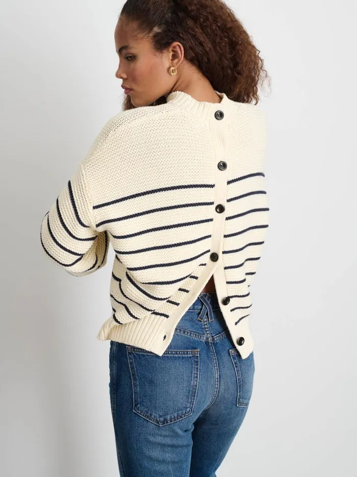 Alex Mill Sweaters Women ButtonBack Crewneck Sweater In Stripe Ivorydark Navy