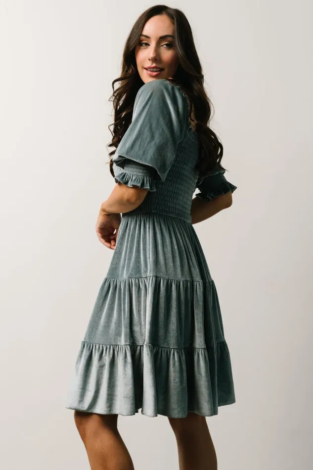 Baltic Born Bump Friendly Women Bliss Smocked Velvet Short Dress Dusty Blue