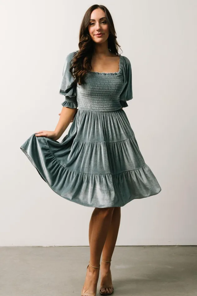 Baltic Born Bump Friendly Women Bliss Smocked Velvet Short Dress Dusty Blue