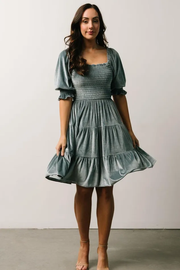Baltic Born Bump Friendly Women Bliss Smocked Velvet Short Dress Dusty Blue