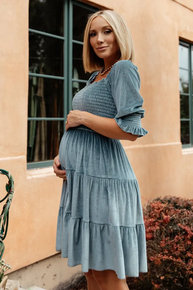 Baltic Born Bump Friendly Women Bliss Smocked Velvet Short Dress Dusty Blue