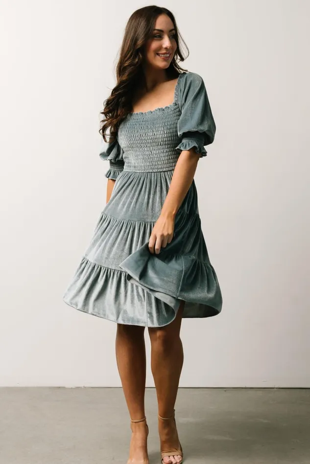 Baltic Born Bump Friendly Women Bliss Smocked Velvet Short Dress Dusty Blue
