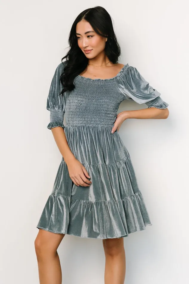 Baltic Born Bump Friendly Women Bliss Smocked Velvet Short Dress Dusty Blue
