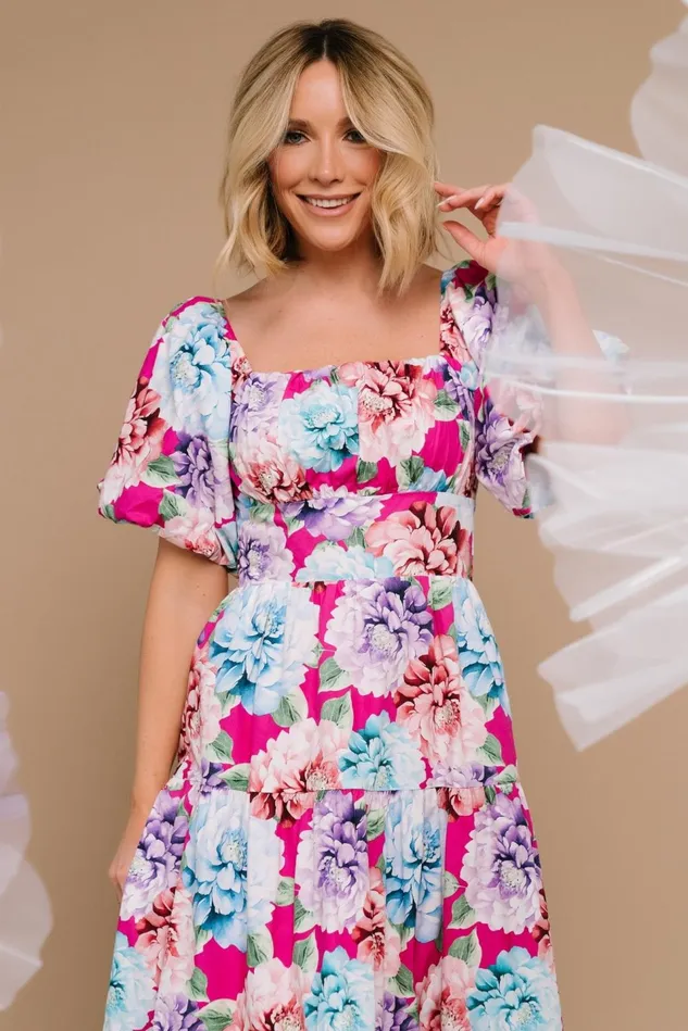 Baltic Born Bump Friendly Women Iva Puff Sleeve Midi Dress Fuchsia Multi Floral Baltic Born Bump Friendly Women Iva Puff Sleeve Midi Dress Fuchsia Multi Floral