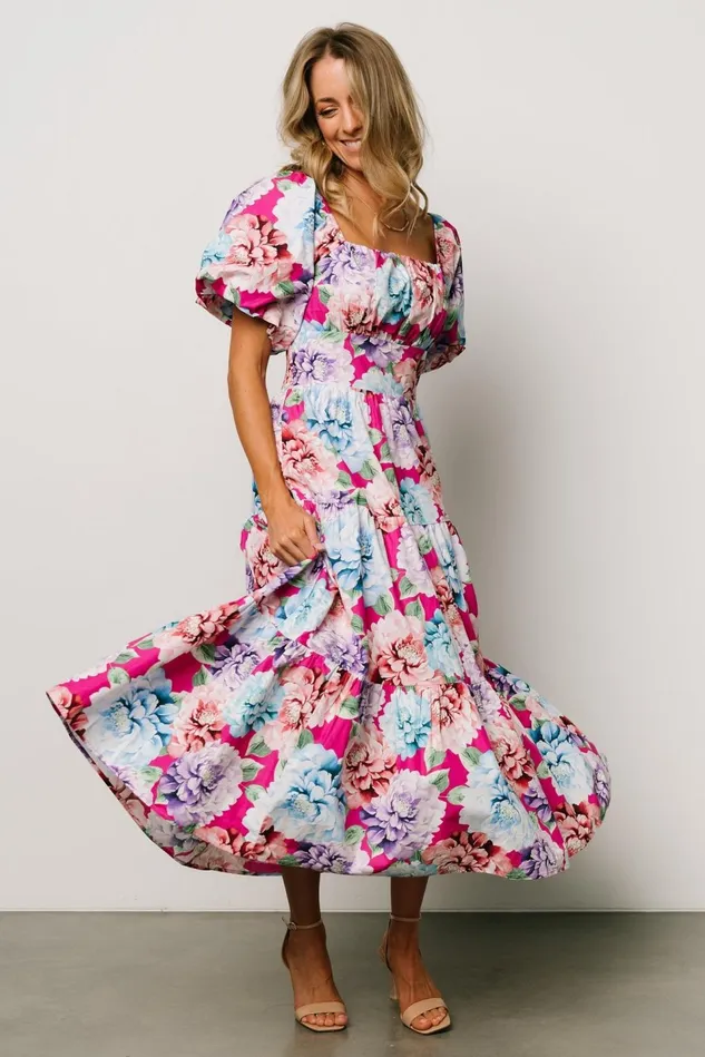 Baltic Born Bump Friendly Women Iva Puff Sleeve Midi Dress Fuchsia Multi Floral Baltic Born Bump Friendly Women Iva Puff Sleeve Midi Dress Fuchsia Multi Floral