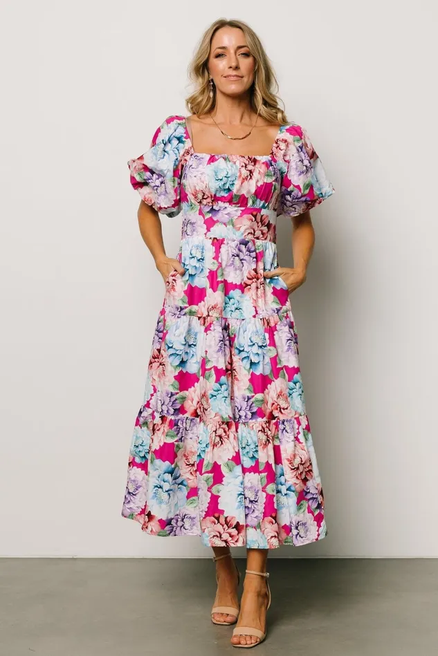 Baltic Born Bump Friendly Women Iva Puff Sleeve Midi Dress Fuchsia Multi Floral Baltic Born Bump Friendly Women Iva Puff Sleeve Midi Dress Fuchsia Multi Floral