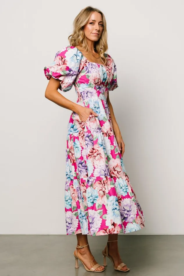 Baltic Born Bump Friendly Women Iva Puff Sleeve Midi Dress Fuchsia Multi Floral Baltic Born Bump Friendly Women Iva Puff Sleeve Midi Dress Fuchsia Multi Floral