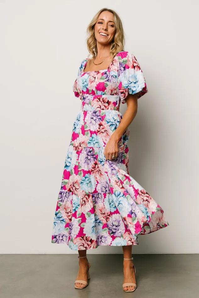 Baltic Born Bump Friendly Women Iva Puff Sleeve Midi Dress Fuchsia Multi Floral Baltic Born Bump Friendly Women Iva Puff Sleeve Midi Dress Fuchsia Multi Floral