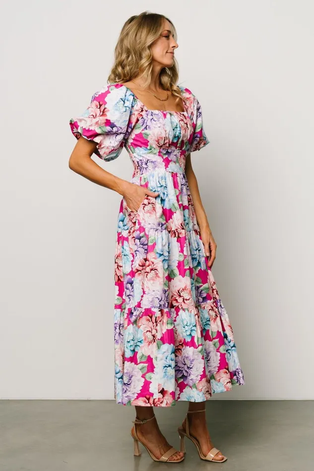 Baltic Born Bump Friendly Women Iva Puff Sleeve Midi Dress Fuchsia Multi Floral Baltic Born Bump Friendly Women Iva Puff Sleeve Midi Dress Fuchsia Multi Floral