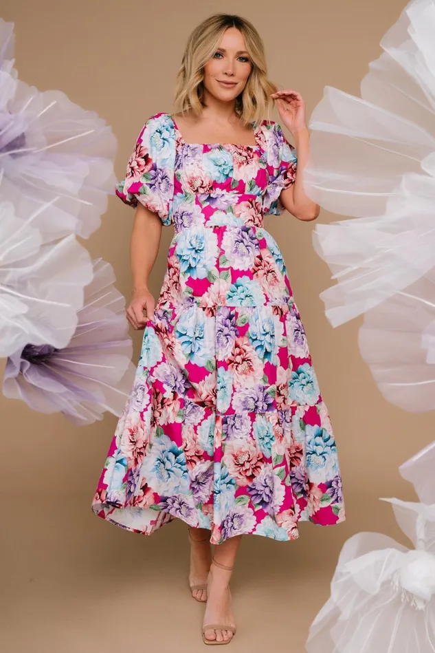 Baltic Born Bump Friendly Women Iva Puff Sleeve Midi Dress Fuchsia Multi Floral Baltic Born Bump Friendly Women Iva Puff Sleeve Midi Dress Fuchsia Multi Floral