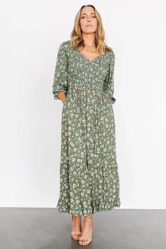 Baltic Born Bump Friendly Women Tarryn Smocked Midi Dress Olive Floral Baltic Born Bump Friendly Women Tarryn Smocked Midi Dress Olive Floral