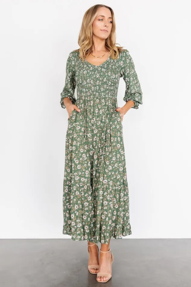 Baltic Born Bump Friendly Women Tarryn Smocked Midi Dress Olive Floral Baltic Born Bump Friendly Women Tarryn Smocked Midi Dress Olive Floral
