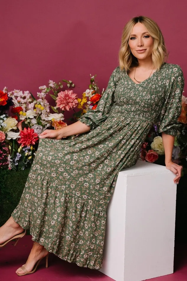 Baltic Born Bump Friendly Women Tarryn Smocked Midi Dress Olive Floral Baltic Born Bump Friendly Women Tarryn Smocked Midi Dress Olive Floral