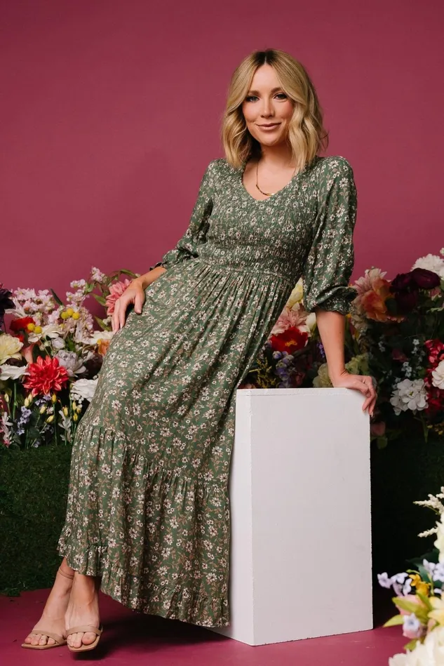 Baltic Born Bump Friendly Women Tarryn Smocked Midi Dress Olive Floral Baltic Born Bump Friendly Women Tarryn Smocked Midi Dress Olive Floral