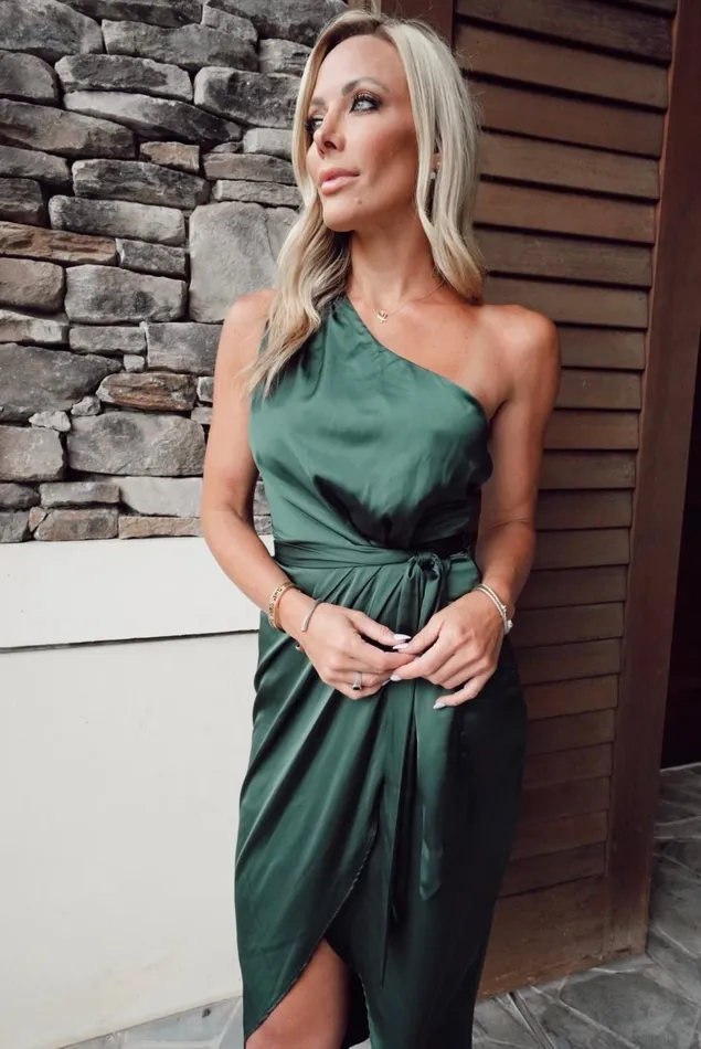 Baltic Born Wedding Guest Women Celia One Shoulder Midi Dress Dark Green