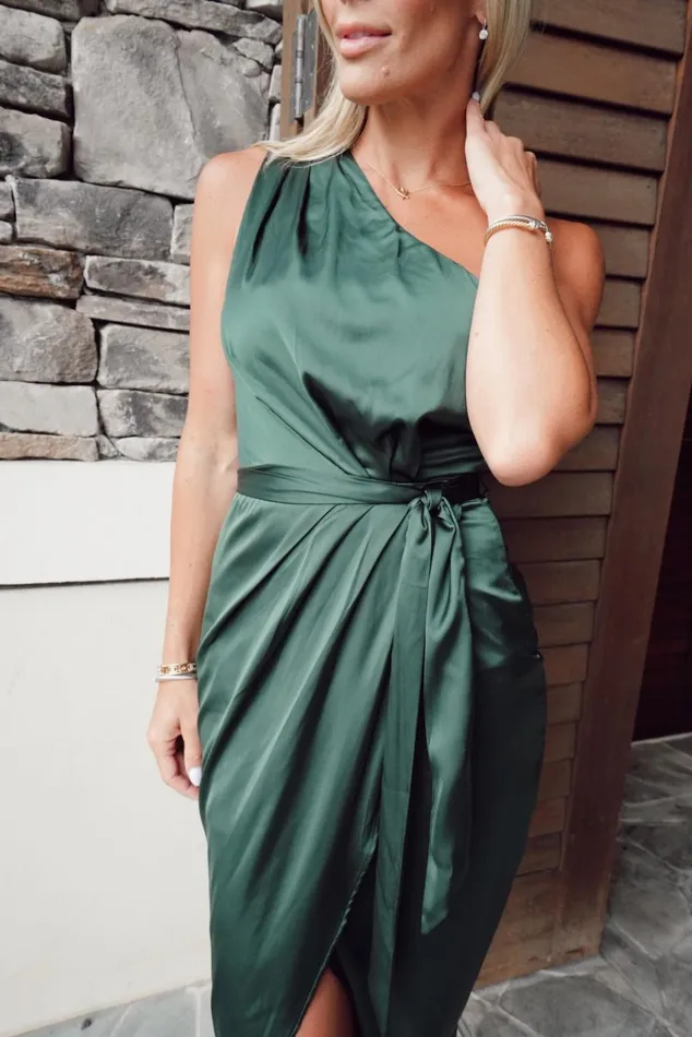 Baltic Born Wedding Guest Women Celia One Shoulder Midi Dress Dark Green
