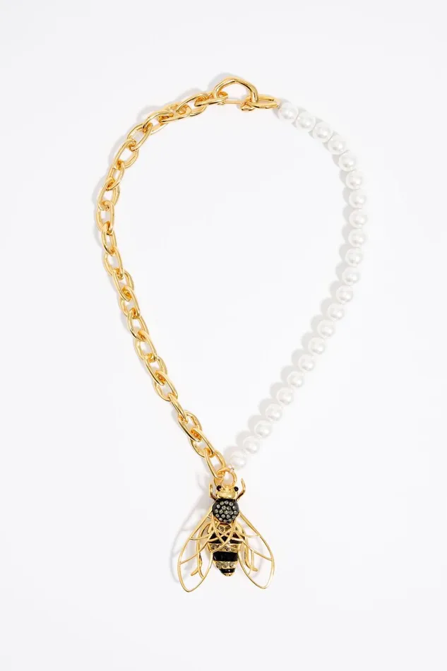 Black Bee And Pearls Chain Necklace Black Women Bimba Y Lola Jewelry