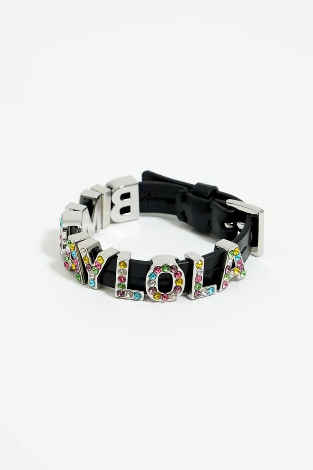 Black Leather Crystals And Logo Bracelet Silver Women Bimba Y Lola Jewelry