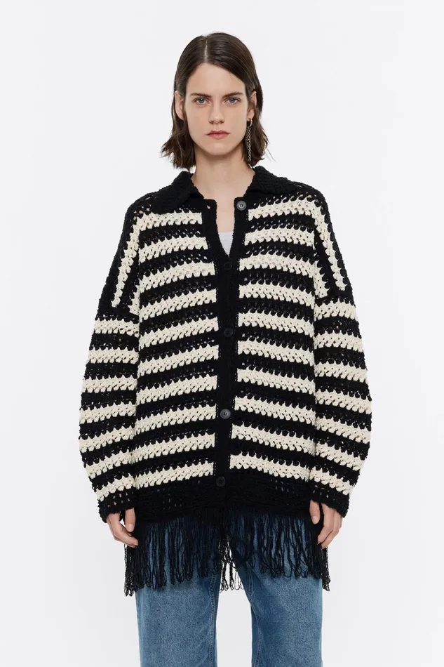 Black Striped Fringed Openknit Cardigan Black Women Bimba Y Lola Knitwear