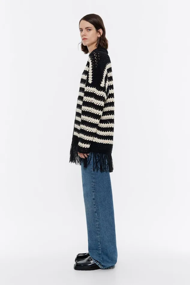 Black Striped Fringed Openknit Cardigan Black Women Bimba Y Lola Knitwear Black Striped Fringed Openknit Cardigan Black Women Bimba Y Lola Knitwear