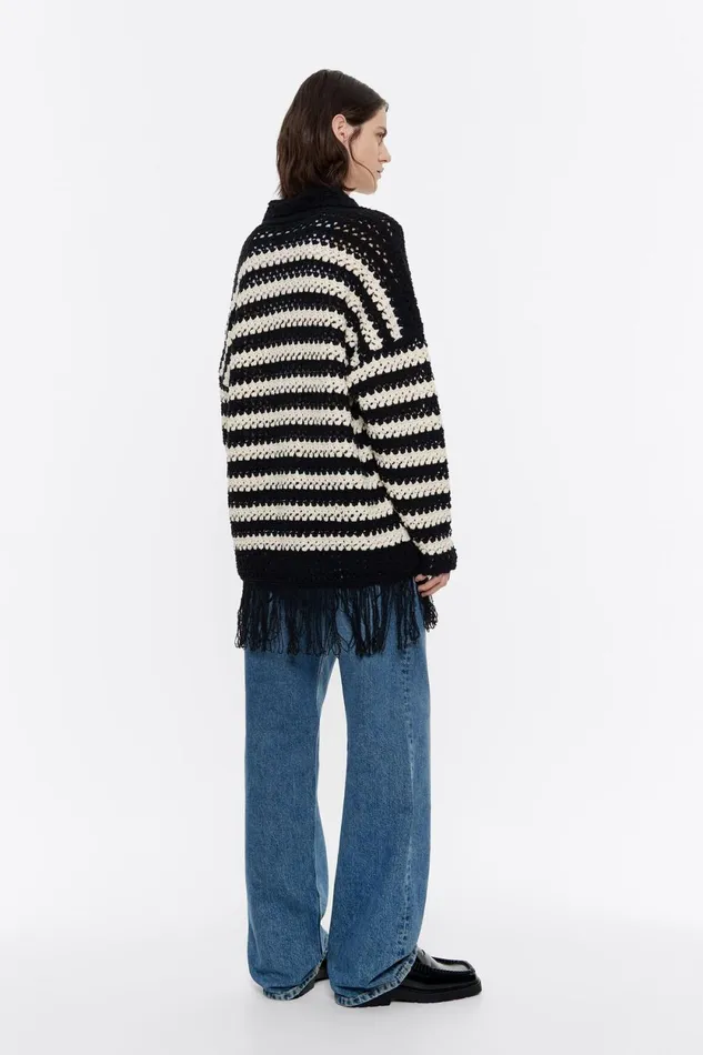 Black Striped Fringed Openknit Cardigan Black Women Bimba Y Lola Knitwear Black Striped Fringed Openknit Cardigan Black Women Bimba Y Lola Knitwear