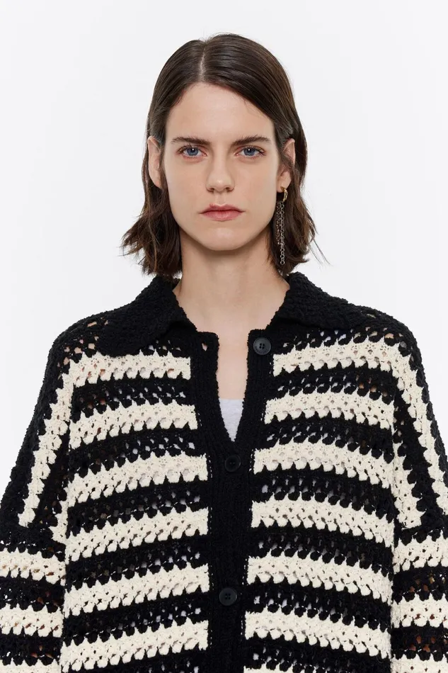 Black Striped Fringed Openknit Cardigan Black Women Bimba Y Lola Knitwear Black Striped Fringed Openknit Cardigan Black Women Bimba Y Lola Knitwear