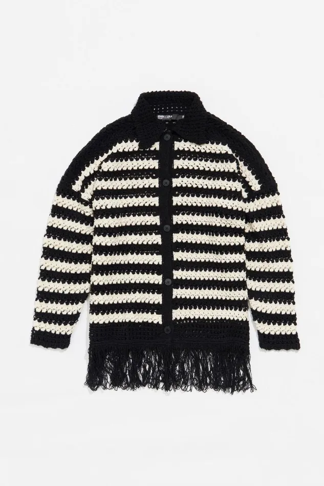 Black Striped Fringed Openknit Cardigan Black Women Bimba Y Lola Knitwear Black Striped Fringed Openknit Cardigan Black Women Bimba Y Lola Knitwear