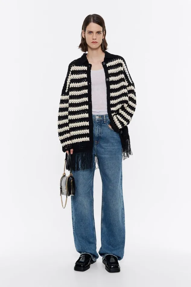 Black Striped Fringed Openknit Cardigan Black Women Bimba Y Lola Knitwear Black Striped Fringed Openknit Cardigan Black Women Bimba Y Lola Knitwear