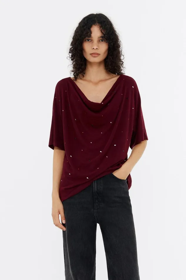 Burgundy Viscose Rhinestone Boxy Tshirt Burgundy Women Bimba Y Lola TShirts