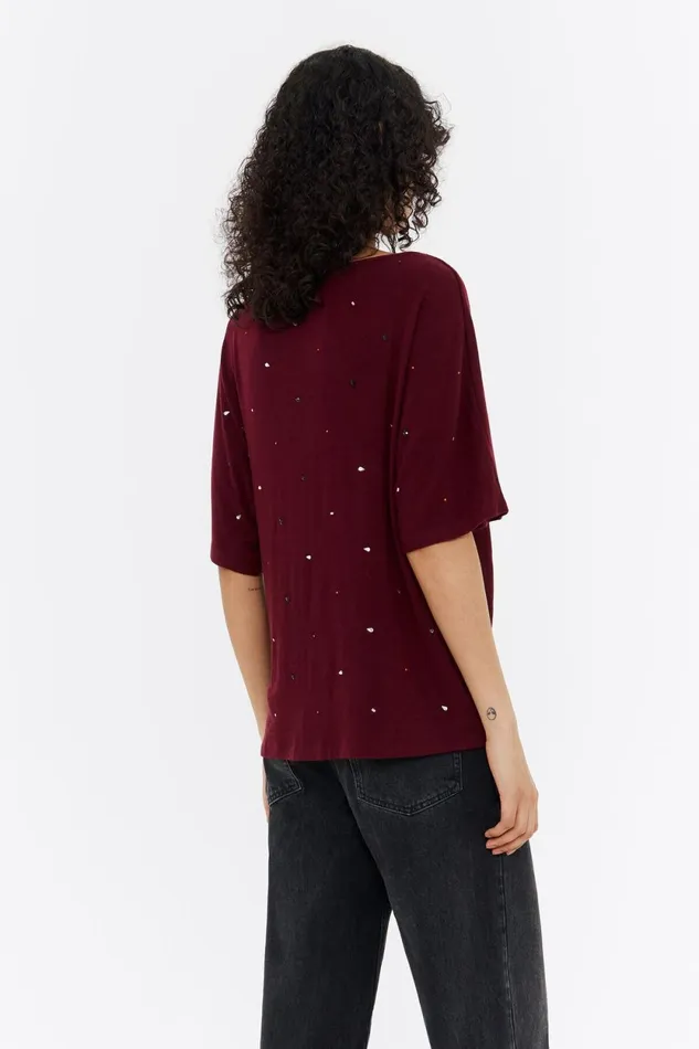 Burgundy Viscose Rhinestone Boxy Tshirt Burgundy Women Bimba Y Lola TShirts Burgundy Viscose Rhinestone Boxy Tshirt Burgundy Women Bimba Y Lola TShirts