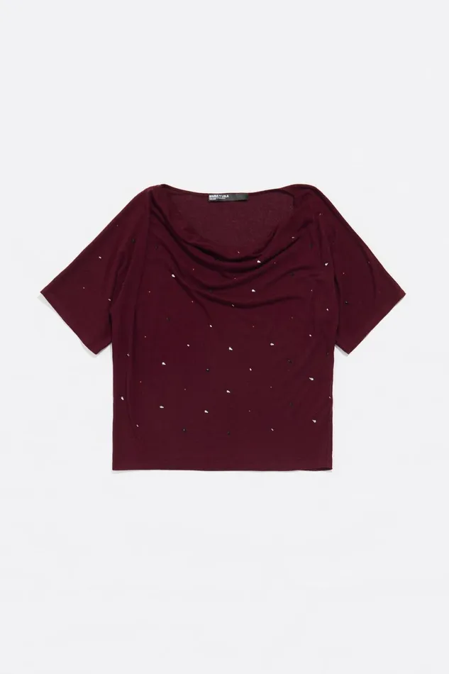 Burgundy Viscose Rhinestone Boxy Tshirt Burgundy Women Bimba Y Lola TShirts Burgundy Viscose Rhinestone Boxy Tshirt Burgundy Women Bimba Y Lola TShirts