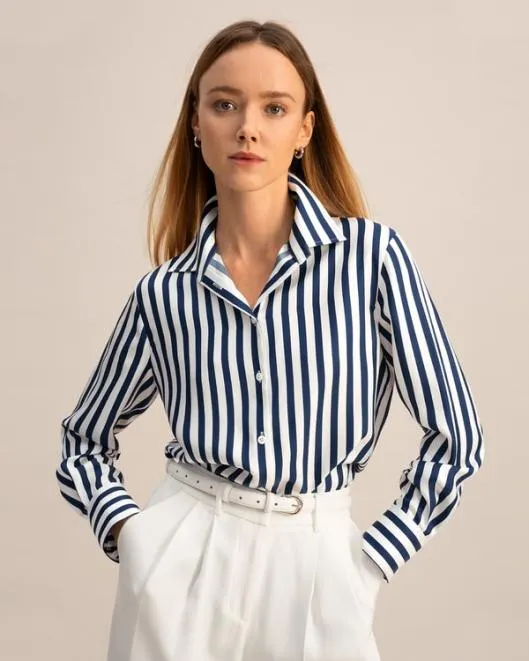 Classic Womenx27s Amalfi Blue White Stripe Silk Shirt Women Blouses Lilysilk Shirts