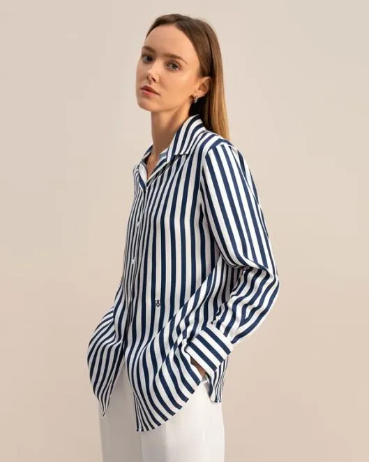 Classic Womenx27s Amalfi Blue White Stripe Silk Shirt Women Blouses Lilysilk Shirts