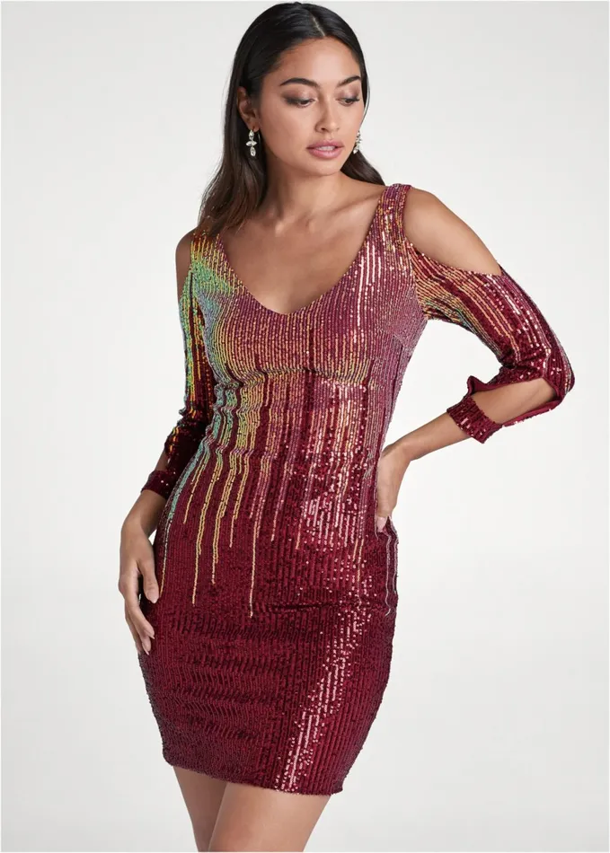 Coldshoulder Sequin Dress Red and Gold Women VENUS Short Dresses
