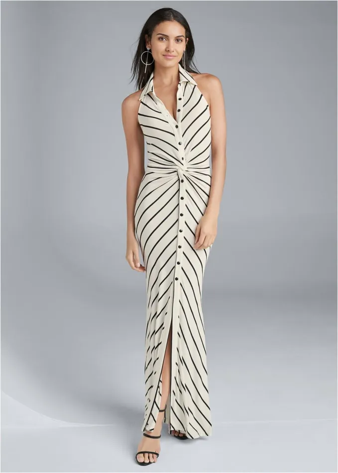 COLLARED STRIPE MAXI DRESS Cream and Black Women VENUS Maxi Dresses
