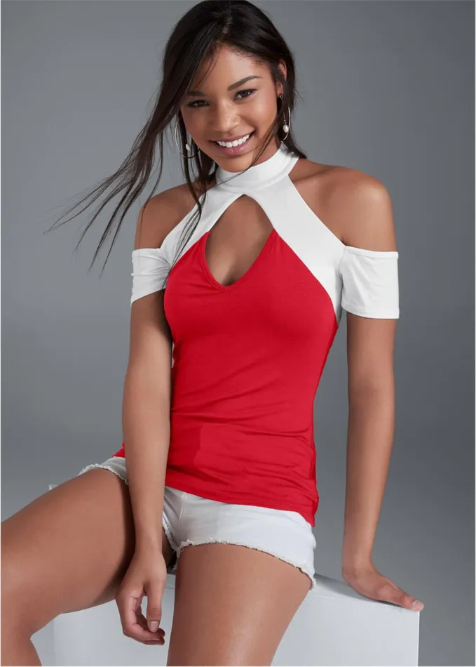 COLOR BLOCK CUTOUT TOP Red and White Women VENUS Night Out Tops