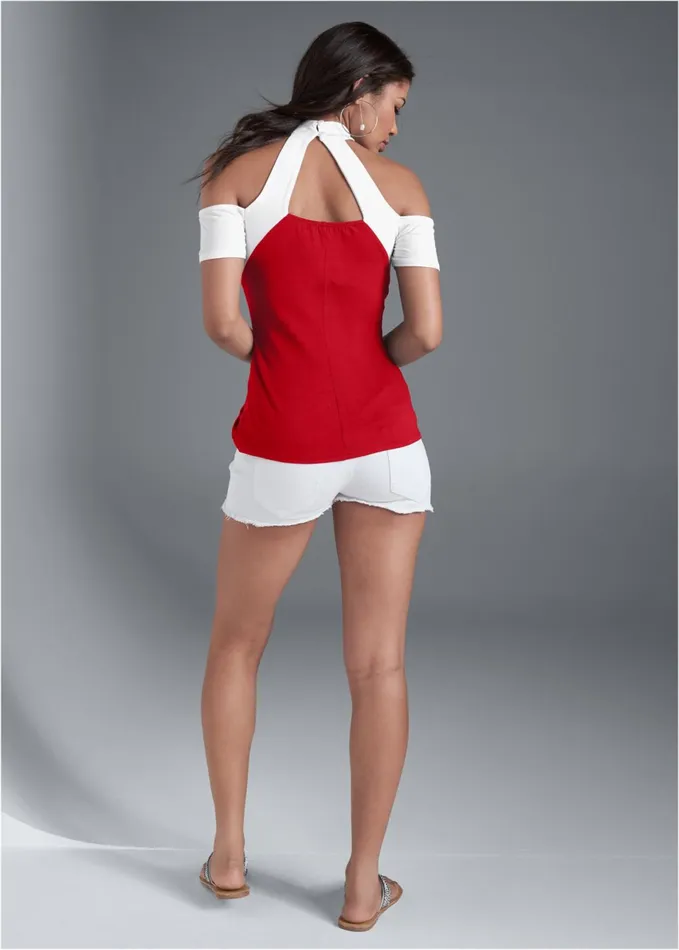COLOR BLOCK CUTOUT TOP Red and White Women VENUS Night Out Tops