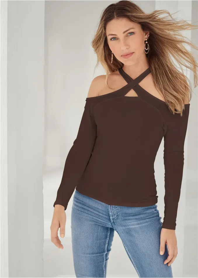 CRISSCROSS NECK TOP Dark Brown Women VENUS Night Out Tops
