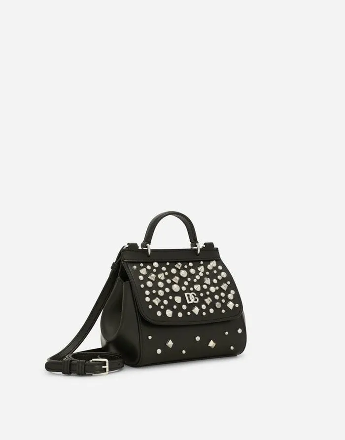 Dolce and Gabbana Accessories Children Leather Sicily Mini Bag With Studs Black Dolce and Gabbana Accessories Children Leather Sicily Mini Bag With Studs Black