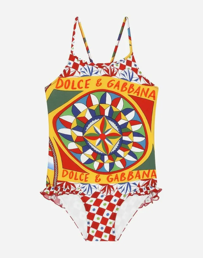 Dolce and Gabbana Beachwear Children Carrettoprint Onepiece Swimsuit With Ruches Red Dolce and Gabbana Beachwear Children Carrettoprint Onepiece Swimsuit With Ruches Red