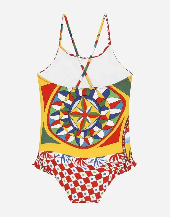 Dolce and Gabbana Beachwear Children Carrettoprint Onepiece Swimsuit With Ruches Red Dolce and Gabbana Beachwear Children Carrettoprint Onepiece Swimsuit With Ruches Red