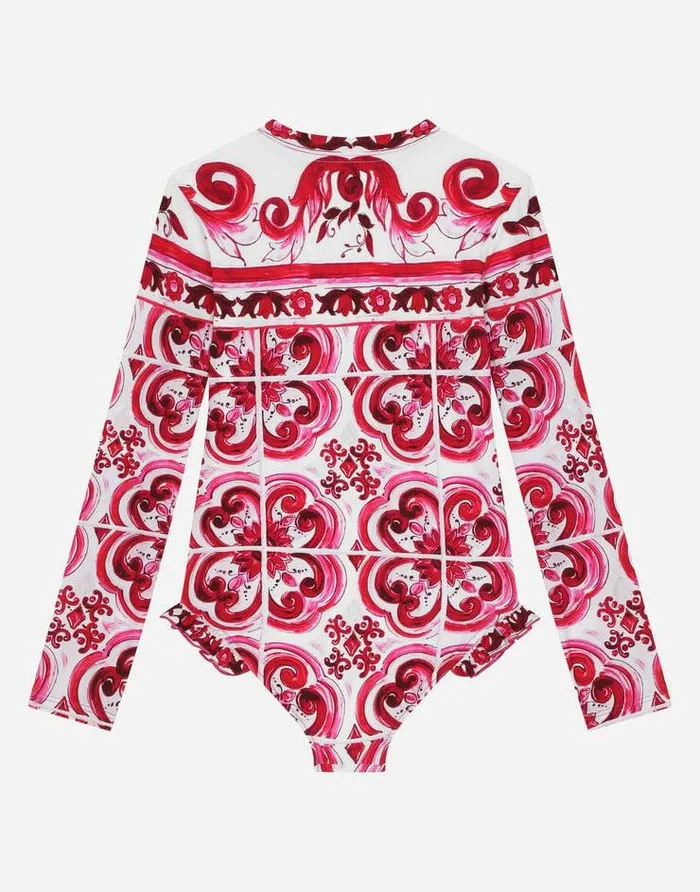 Dolce and Gabbana Beachwear Children Longsleeved Majolicaprint Onepiece Swimsuit Multicolor