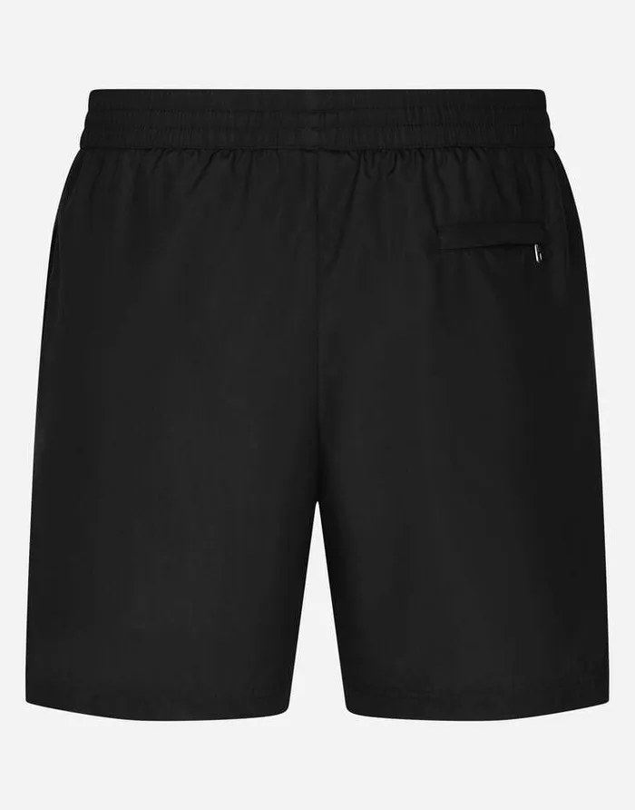 Dolce and Gabbana Beachwear Men Midlength Swim Trunks With Logo Tag Black Dolce and Gabbana Beachwear Men Midlength Swim Trunks With Logo Tag Black