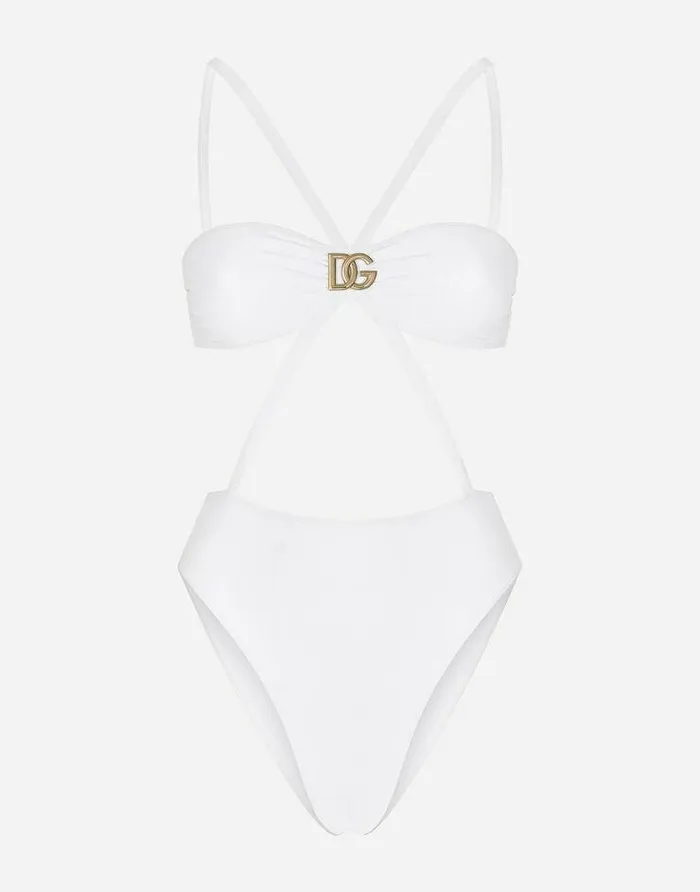 Dolce and Gabbana Beachwear Women Onepiece Swimsuit With DG Logo And Laces White Dolce and Gabbana Beachwear Women Onepiece Swimsuit With DG Logo And Laces White